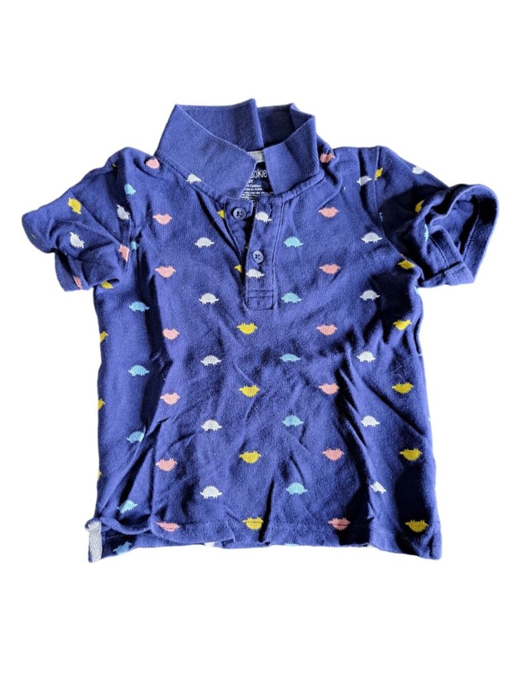 Okie Dokie Boys Polo Shirt 3T Navy With Colorful Fish Pattern 100% Cotton
